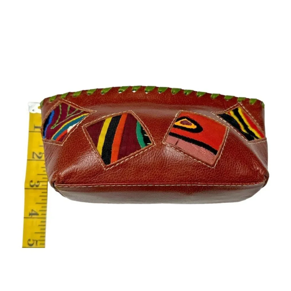 Arte Kuna Colombia 100% Leather Zippered Makeup Bag with 4 Square‎ Mola Design